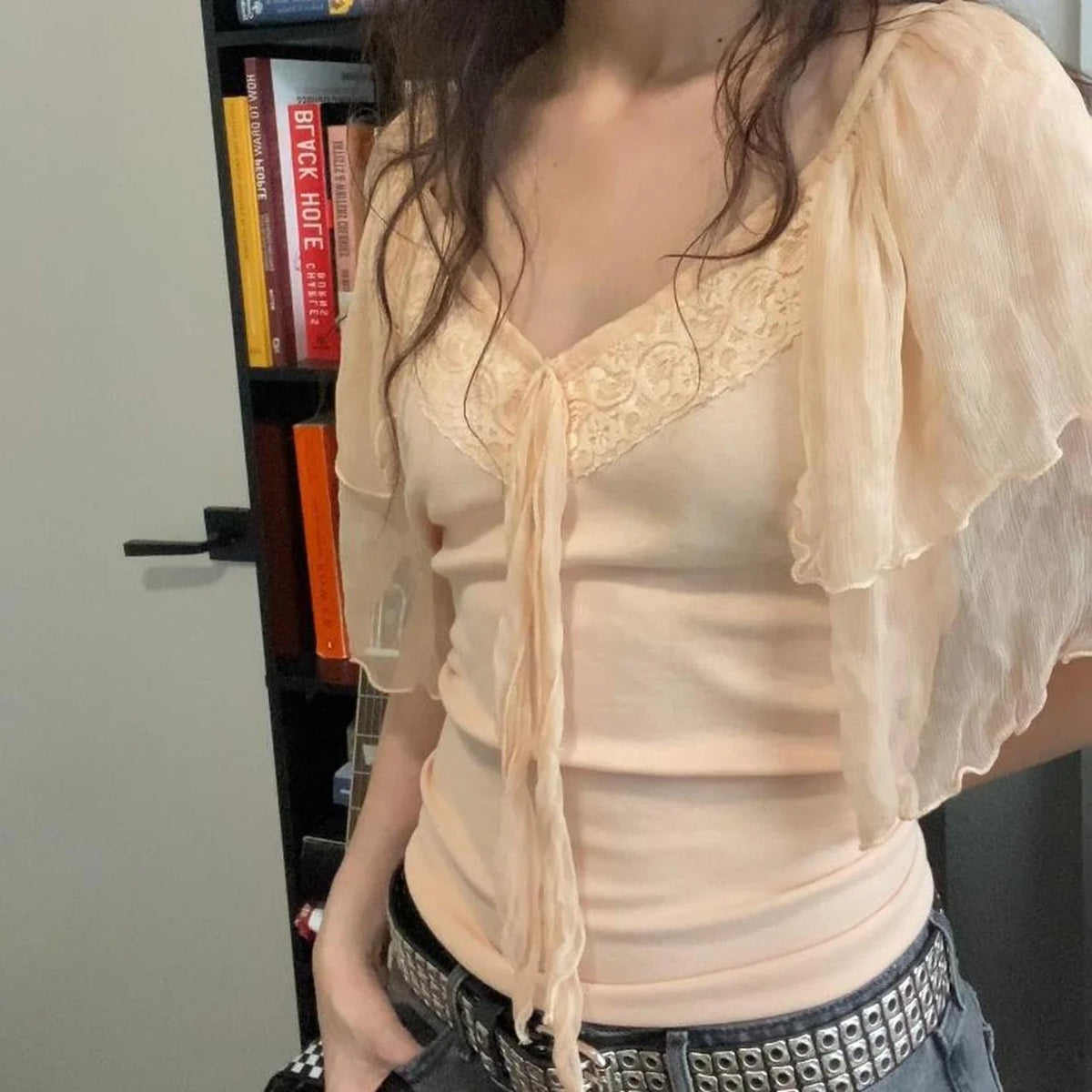 Lace Patchwork Tie-up Bow V-neck Top Summer Tiered Flying Sleeve T-shirt Coquette Aesthetic Slimming Clothing Women