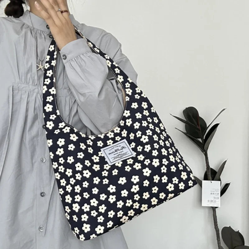 Vintage Sweet Flower Print Tote Bag Office Lady Fashion Fairy Chic Women Handbags All Match Canvas Casual Shoulder Underarm Bag
