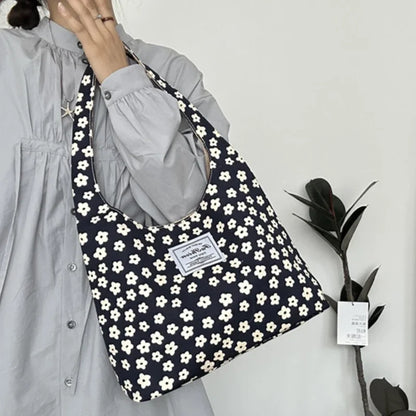 Vintage Sweet Flower Print Tote Bag Office Lady Fashion Fairy Chic Women Handbags All Match Canvas Casual Shoulder Underarm Bag