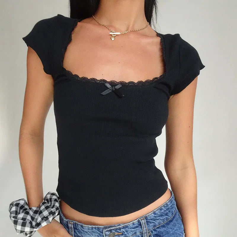 Lace Trim Knitted Cottage Baby Tee Crop Top