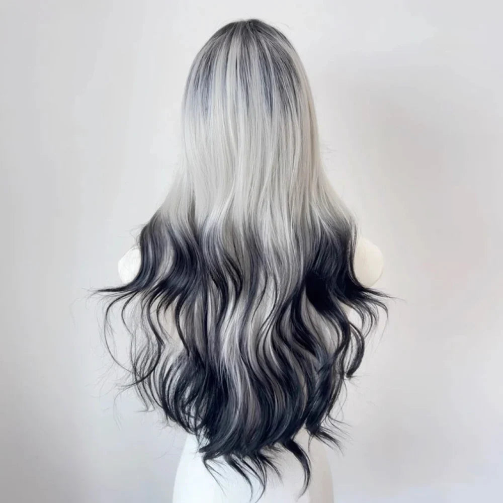 Synthetic Long Wavy Ombre Grey Black Wig with Bangs Fluffy Women Lolita Cosplay Heat Resistant Wig for Daily Party