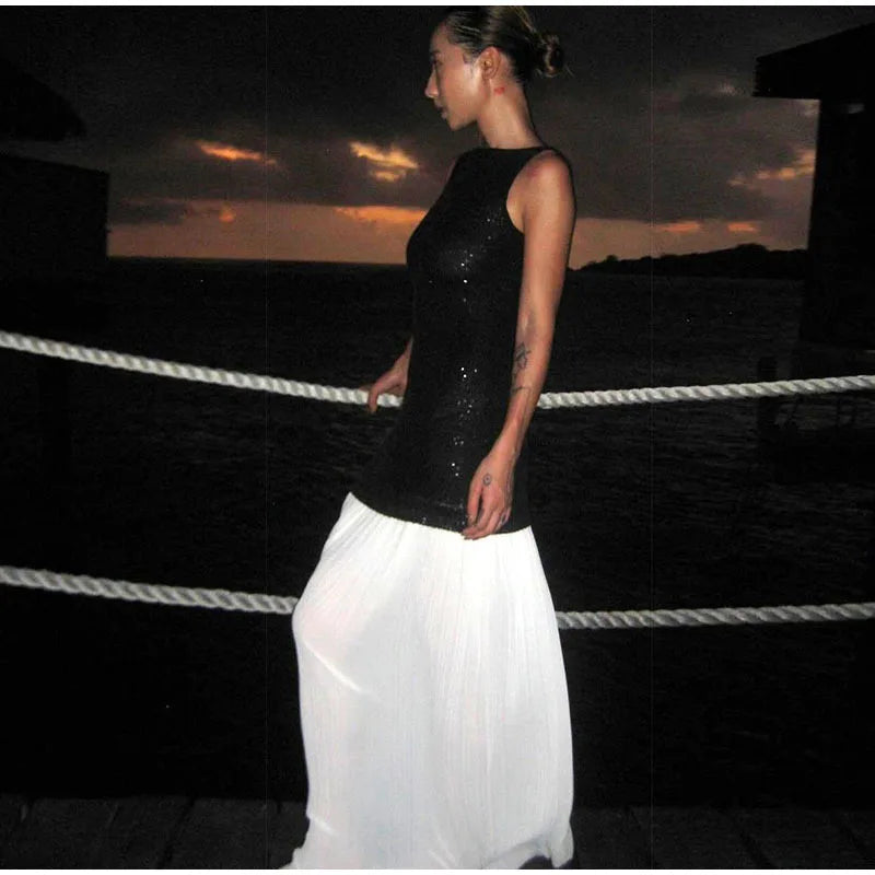Sequin Bodice Pleated Contrast Skirt Sleeveless Maxi Dress
