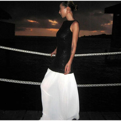 Sequin Bodice Pleated Contrast Skirt Sleeveless Maxi Dress