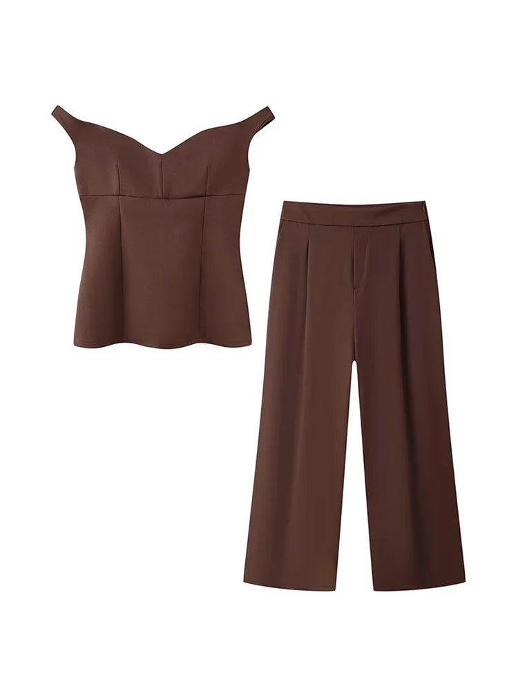Women's Suit Solid Off Shoulder Backless Waist Cinching Sleeveless Top Straight Trousers Female 2 Pieces Summer Matching Sets