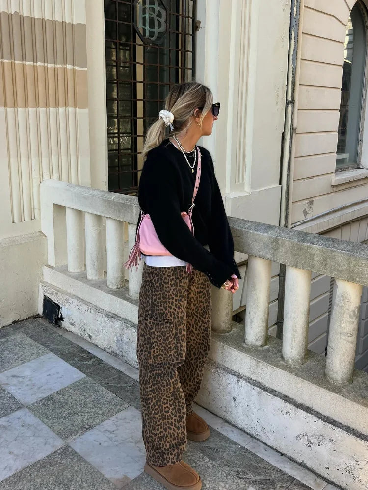Fashion Leopard Printed Long Pants Women 2024 Spring Summer Slim Pocket High-waist Casual Straight-pants Female Commuter Clothes