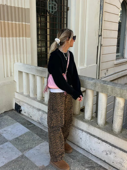 Fashion Leopard Printed Long Pants Women 2024 Spring Summer Slim Pocket High-waist Casual Straight-pants Female Commuter Clothes