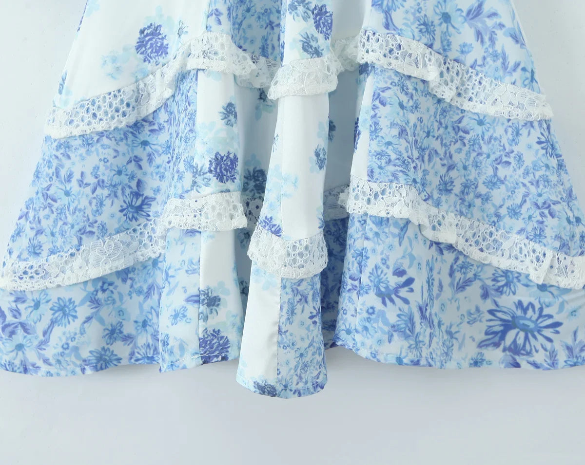 Summer Women Blue Floral Print A-line Mini Dresses Sexy Backless V Neck Lace Spliced Boho Dresses Female Holiday Robe New 2025