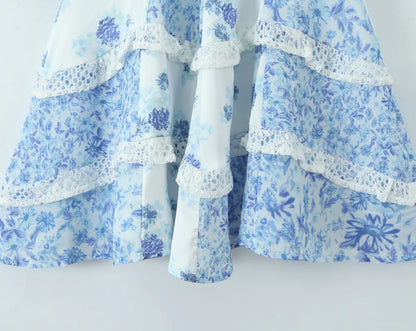 Summer Women Blue Floral Print A-line Mini Dresses Sexy Backless V Neck Lace Spliced Boho Dresses Female Holiday Robe New 2025