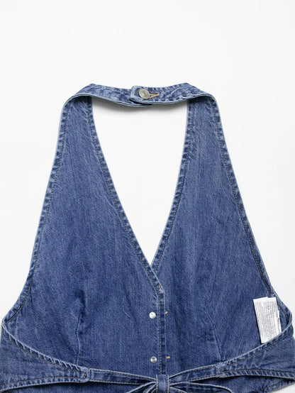 Summer Sexy Chic Women Tank Tops Solid Halter V-Neck Denim Tank Tops New Fashion Backless Mujer Tops