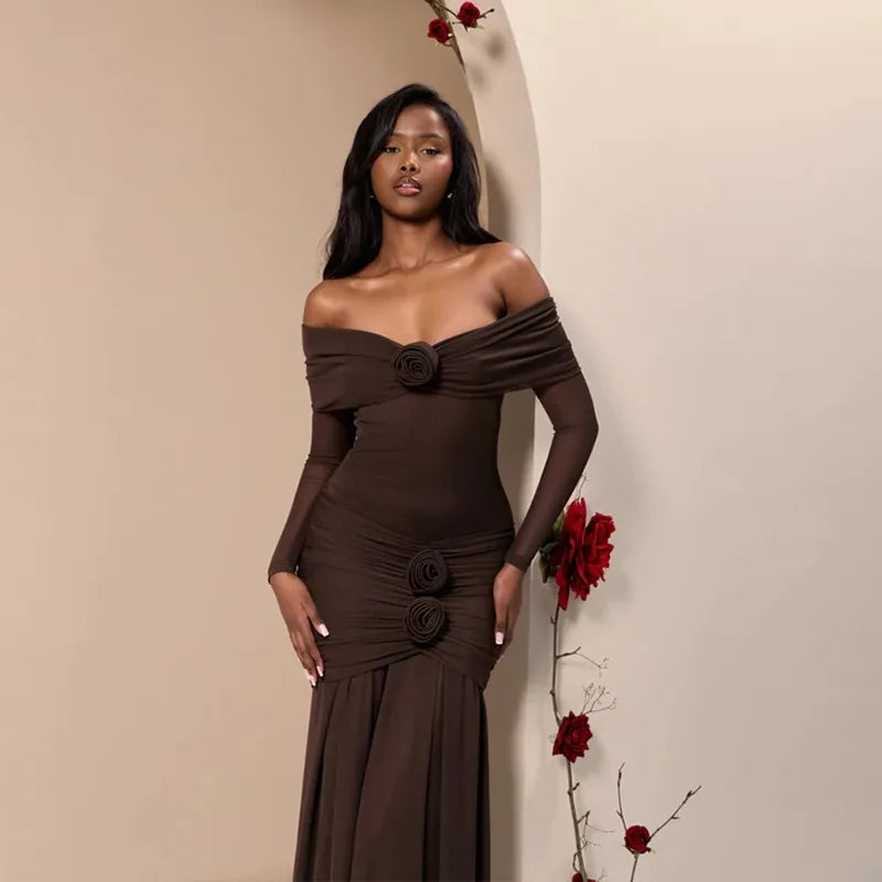 Off Shoulder Long Sleeve 3D Floral Rosette Mermaid Maxi Gown