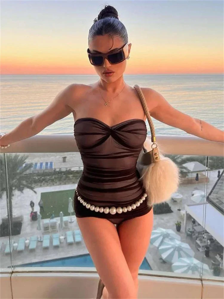 Sexy Sheer Bodysuit Women Summer Double Deck Strapless Solid Folds Skinny Beach Coquettish Fashionable Clubwear Tops