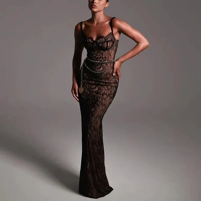 Sweetheart Neck Spaghetti Strap Lace Corset Chain Belt Maxi Dress