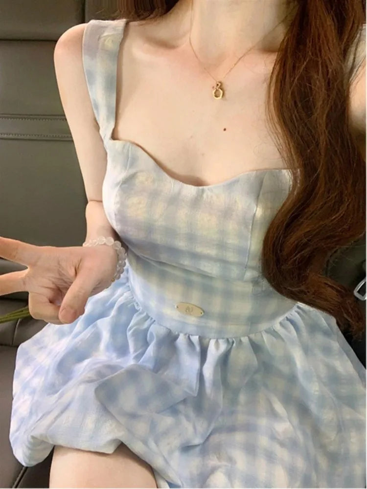 Plaid Dresses Women Sleeveless Sweet Square Collar Spring Summer Fashion Elegant Party Mini Dress Female Casual