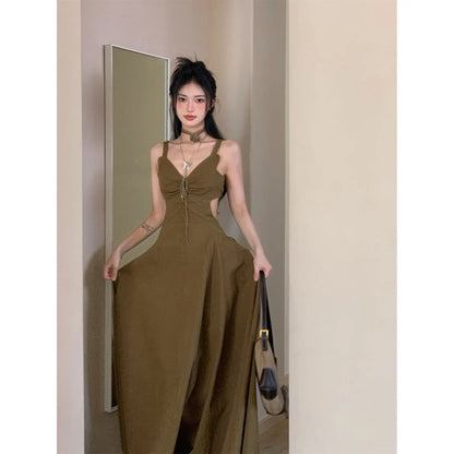 Women A-line Evening Dress Y2k Vintage Sleeveless One Piece Frocks Elegant Hollow Out Lace-up Luxury Long Dresses 2000s Clothes