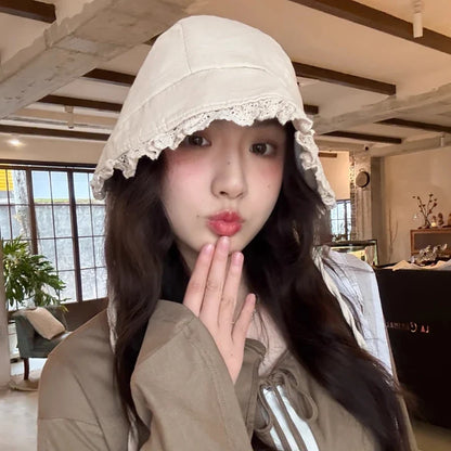Japanese Retro Y2K Lace Edge Loli Hats for Women Spring and Summer Travel Photo Versatile Sunscreen Sweet Strap Sun Hat