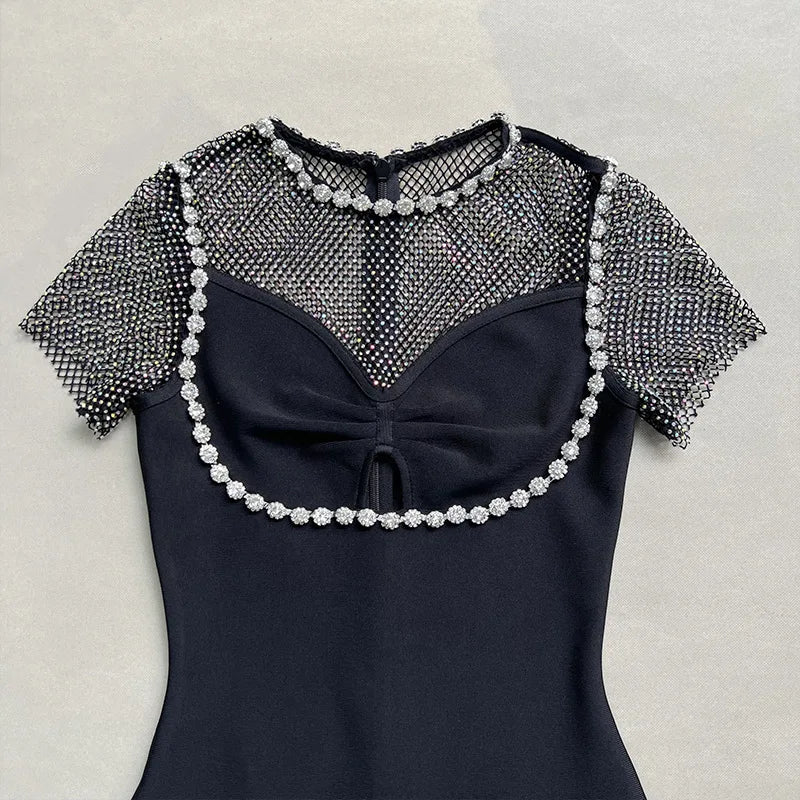 Crystal Embellished Mesh Cap Sleeve Bow Cutout Midi Dress