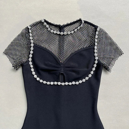 Crystal Embellished Mesh Cap Sleeve Bow Cutout Midi Dress