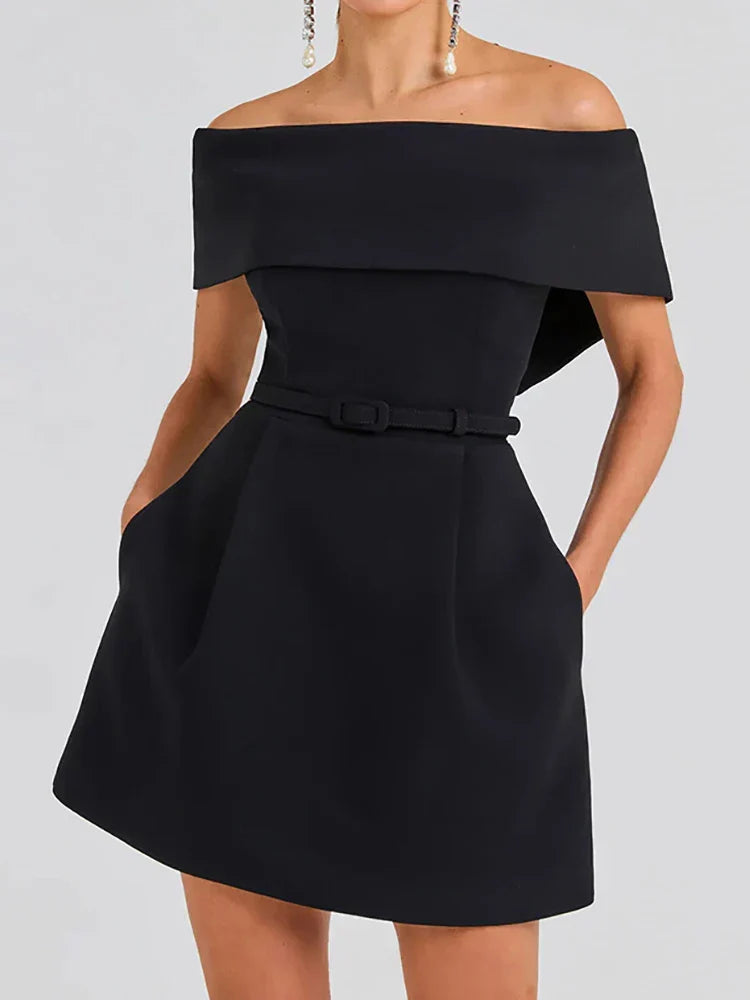 Off Shoulder Belted Fit and Flare Pocket A-Line Mini Dress