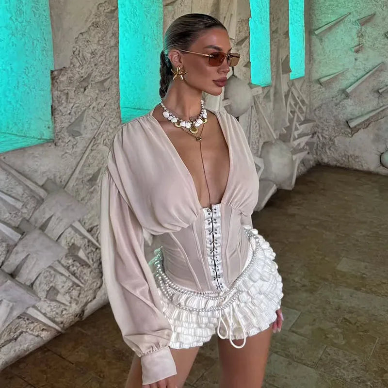 Sexy Women's Fishbone Waist Cinched Top Slim V-neck Long Sleeve Pleated Patchwork Cut Tops Spring Summer Lady Chic Wear