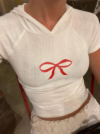 Contrast Bow Printed Hooded Crop Tees Women Short Sleeved Slim Versatile Pullover Top Hottie Sweet Y2K T-shirt Streetwear