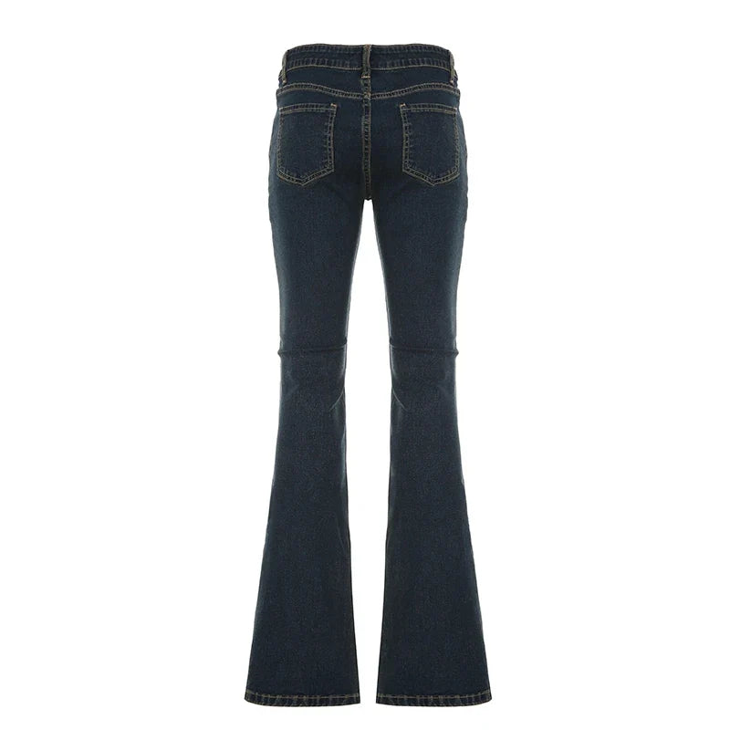 Y2K Low Waist Flare Jeans Women Retro Stylish Distressed Slim Denim Trousers High Street Korean Harajuku Pants 2000s