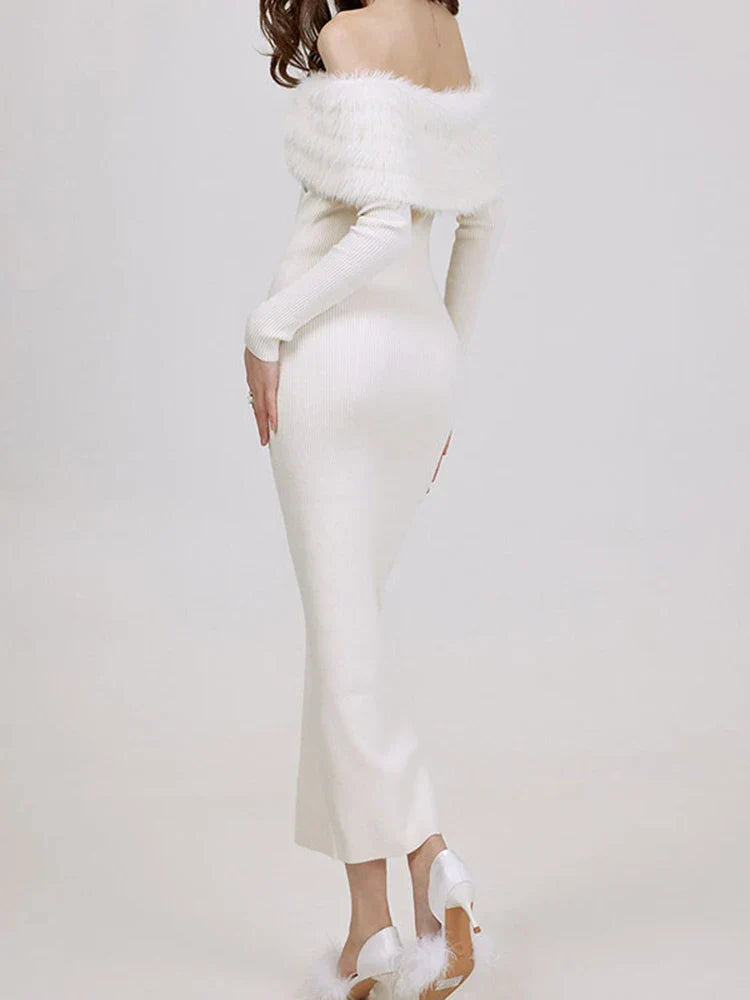 Off-Shoulder Faux Fur Collar Brooch Detail Rib Knit Bodycon Midi Dress