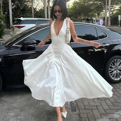 Sexy Deep V Hollow Halterneck Large Hem Dress For Women Solid High Waisted Backless Splice Summer New Vacation Long Dress