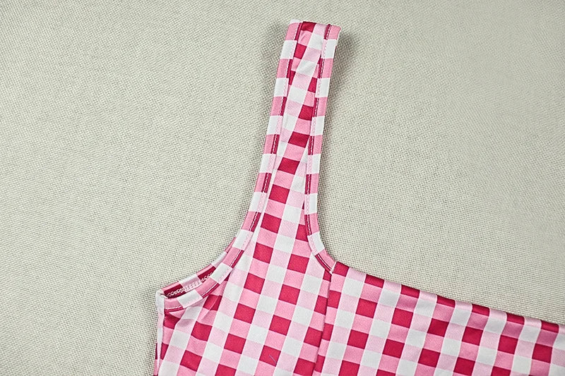 Cute Pink Checkered Mini Dress Square Neck Sleeveless Slim Waist Ruched Bubble Hem A-Line Summer Short Dress for Women