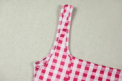 Cute Pink Checkered Mini Dress Square Neck Sleeveless Slim Waist Ruched Bubble Hem A-Line Summer Short Dress for Women