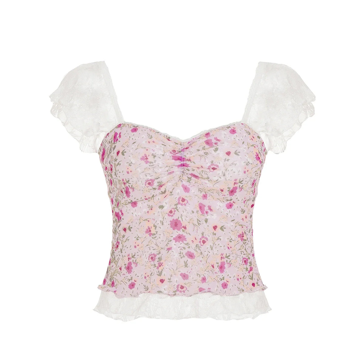 Floral Print Top Boho Aesthetic Contrast Color Lace Patchwork T-shirt French Style Slimming Folds Chest Clothing Summer