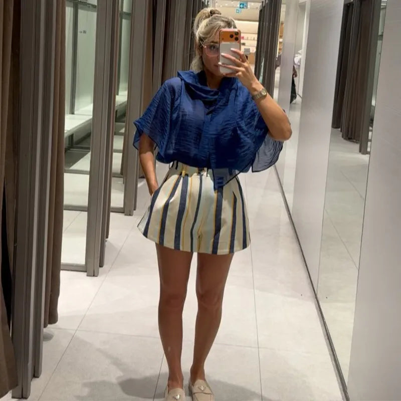 Striped Women's Shorts Mid Rise Striped Shorts Pleated Button Shorts Color Contrast Design Daily Casual Wear Collection