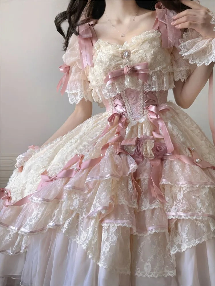 A wedding dress with shorter front and longer back for student's birthday coming-of-age ceremony