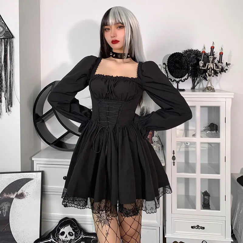 Dress Lace Splicing Puff Sleeves Strap Waist Yabi Long-Sleeved 2024 Spring And Summer New French Ins Princess Skirt