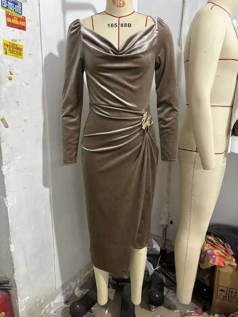 Women Elegant Metal Buckle Ruched Asymmetrical Velvet Dress Sexy Swinging Collar Full Sleeve Bodycon Slit Party Long Robe