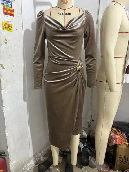 Women Elegant Metal Buckle Ruched Asymmetrical Velvet Dress Sexy Swinging Collar Full Sleeve Bodycon Slit Party Long Robe