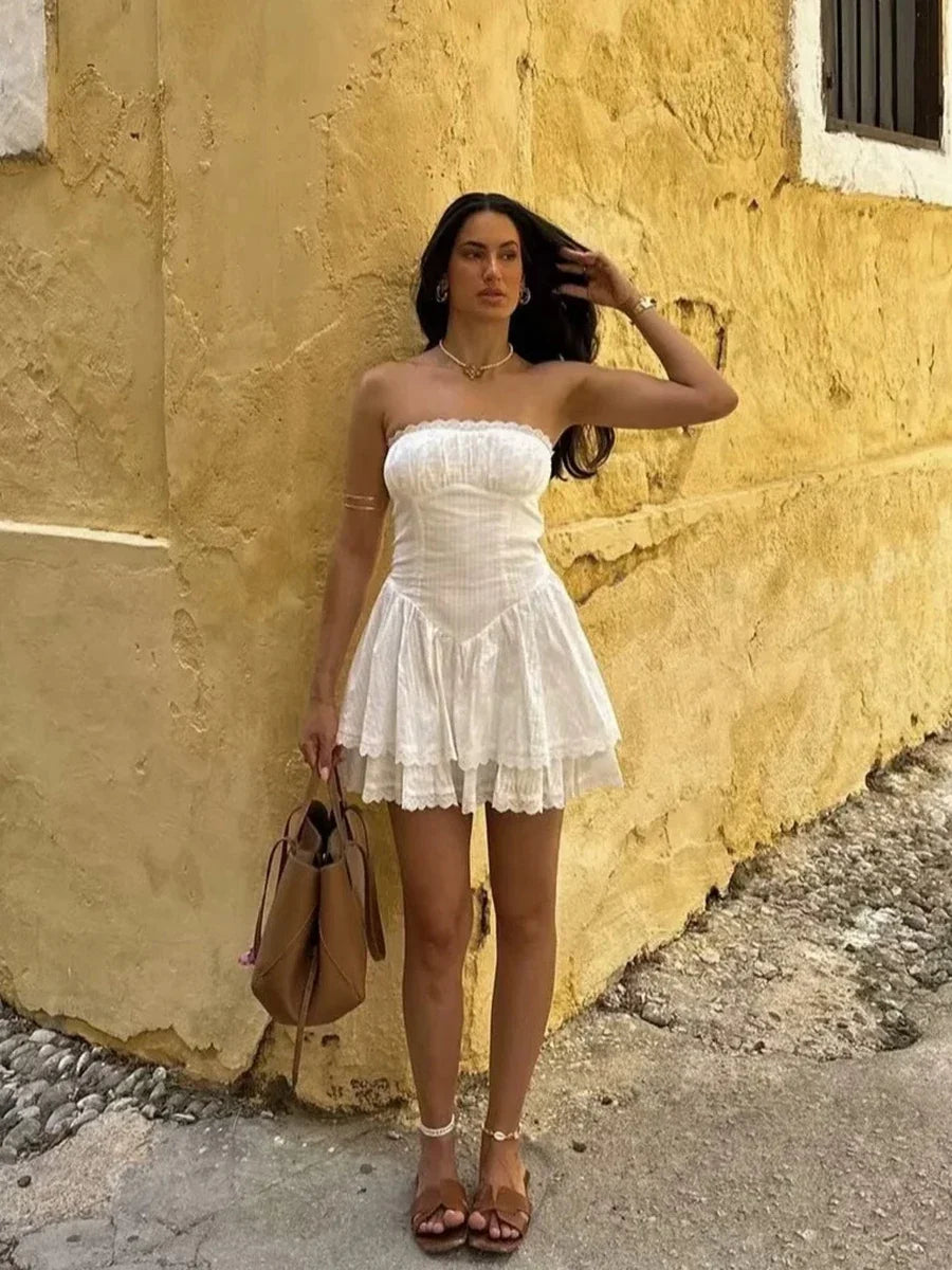 Lace Trim Patchwork White Dresses For Women New Strapless Sleeveless Tiered Mini Dress Summer Sweet Fashion Sexy A-line Vestidos