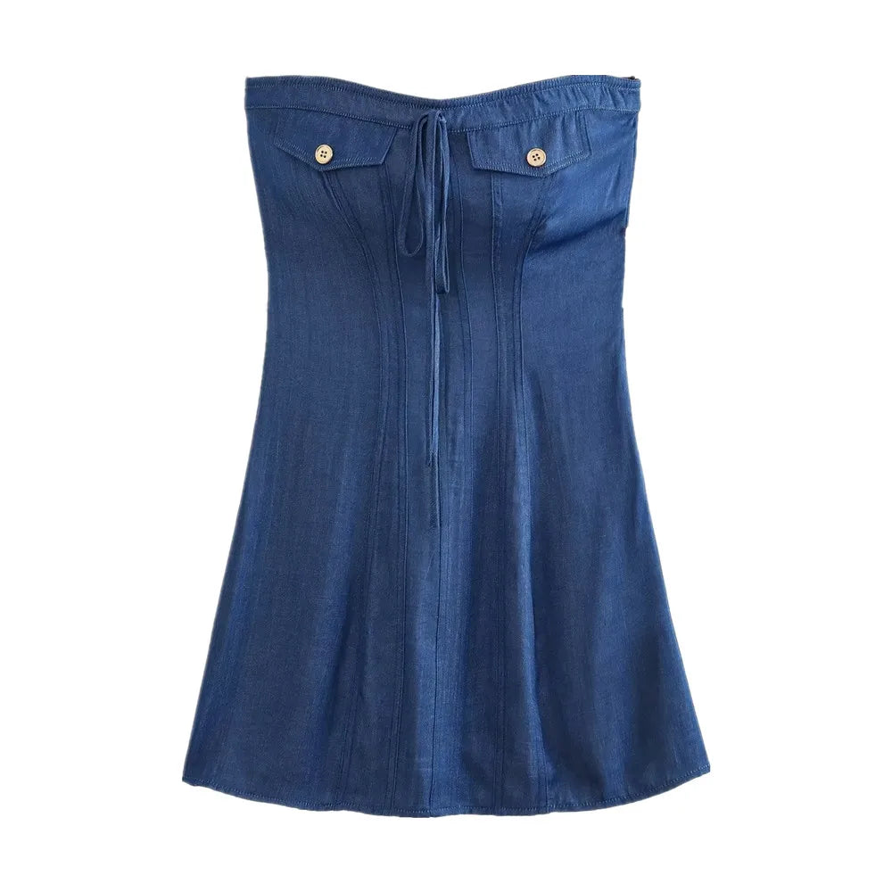 Women Slim Waist A-lined Robe Sexy Summer Dark Blue Polyester Cotton Denim Mini Strapless Dress