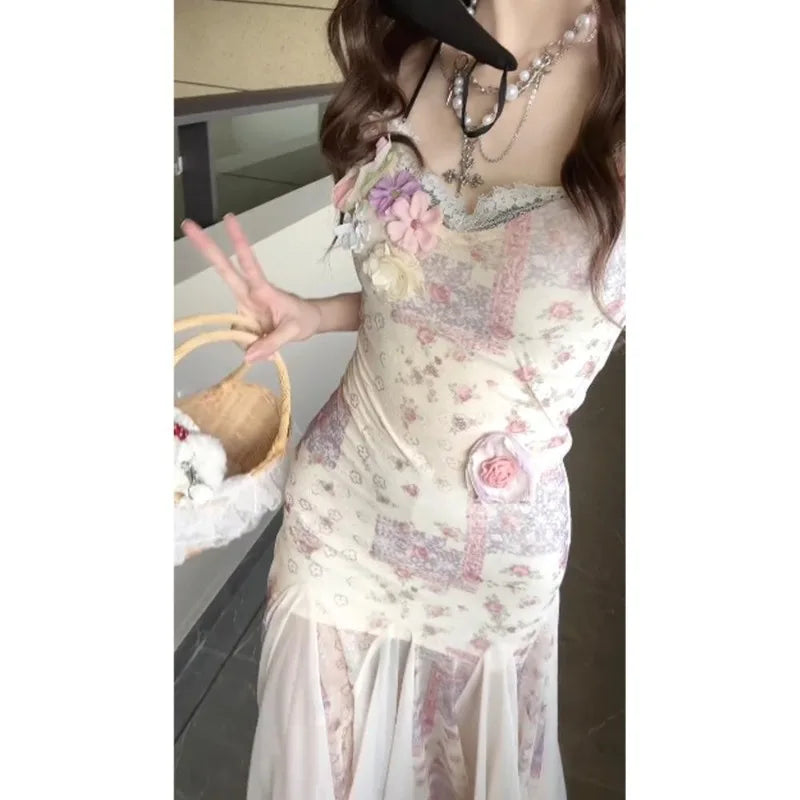 New Three-dimensional Flower Suspender Dress Women's Summer Seaside Vacation Waist Thin Mesh Fishtail Long Skirt