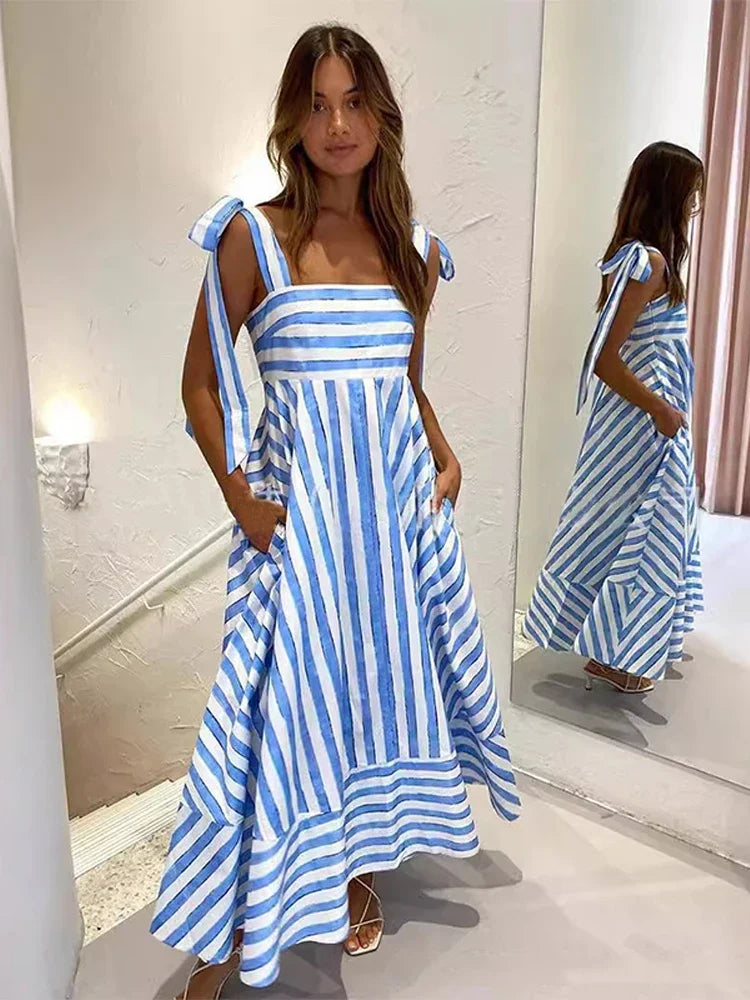Fashion Stripe Printing Bow Lace Up Bow Sling Dress Women Elegant Sleeveless Backless Long Dresses 2024 New Lady Beach Vestidos