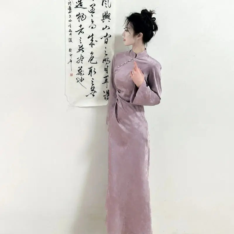 New Chinese Style Folding Stand Collar Dress Autumn Waist-lifting Modified Cheongsam Women's Temperament Long Dresses