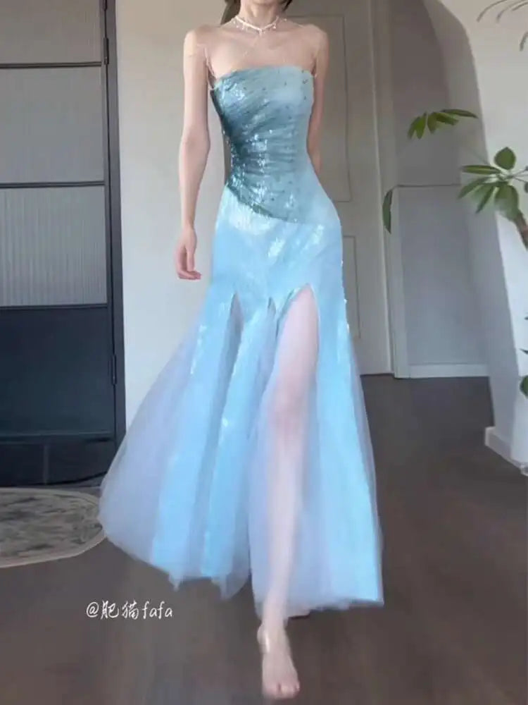 Strapless Evening Gown Light Luxury Dress Niche High-end Student Temperament Art Exam Adult Banquet Host Blue Fish Tail Dress