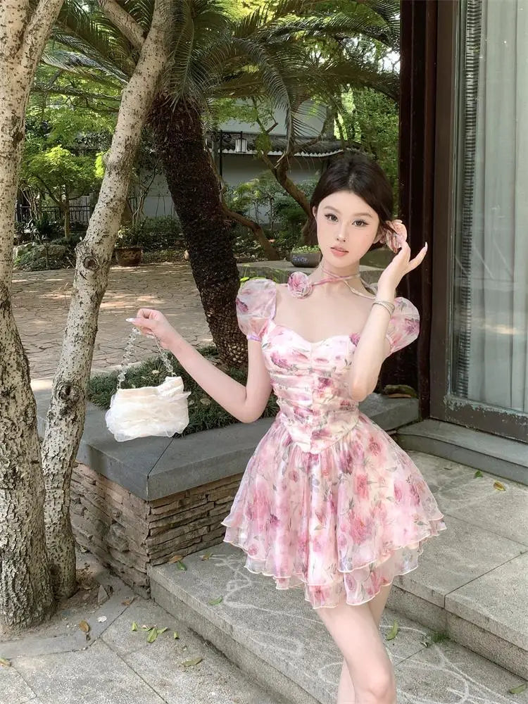 Elegant Princess Floral Short Dresses for Women Y2K Puff Sleeve Backless Printed Ruffles A-line Korean Fashion One Piece Vestido