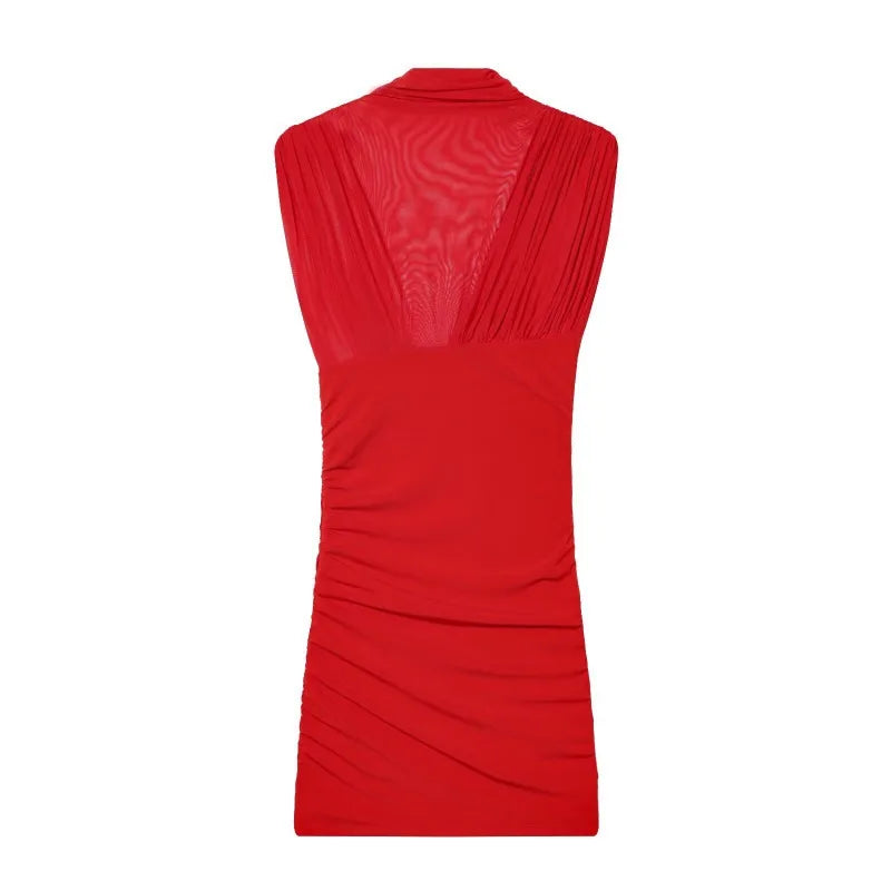Women V Neck Sexy See Through Sleeveless Mini Dresses Party Elegant Evening Short Dress Pleated Slim Mesh Dress