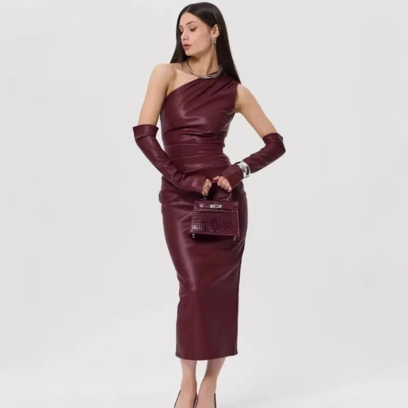 Faux Leather One Shoulder Ruched Bodycon Midi Dress
