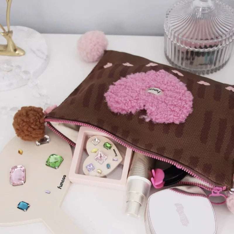Plush Heart Kawaii Square Makeup Bag Zipper Large Capacity Chic Storage Bag Korean Casual Travel Cosmetic Bag Women's Clutch Bag