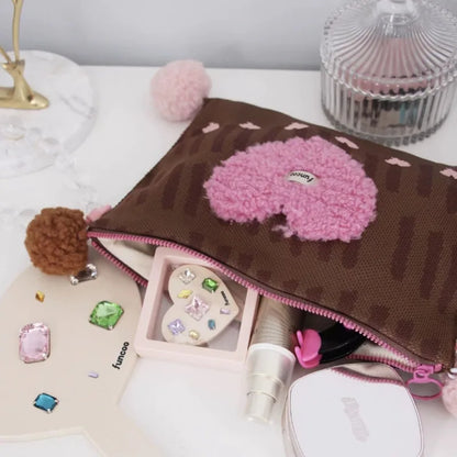 Plush Heart Kawaii Square Makeup Bag Zipper Large Capacity Chic Storage Bag Korean Casual Travel Cosmetic Bag Women's Clutch Bag