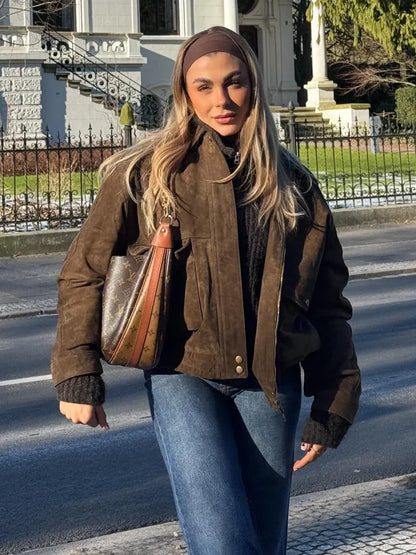 Suede Leather Jacket Coat Vintage Brown Maillard Pocket Lapel Casual Loose Bomber Jackets Motorcycle Style Silhouette Outwear