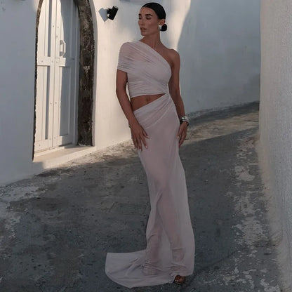 One Shoulder Mesh Draped Crop Top High Slit Maxi Skirt Set