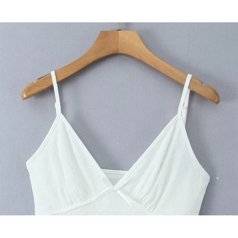Flocking Dot White Mini Sling Dress For Women Sexy Thin Straps V Neck A-line Summer Mesh Dresses Holiday Short Robe