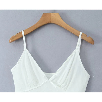 Flocking Dot White Mini Sling Dress For Women Sexy Thin Straps V Neck A-line Summer Mesh Dresses Holiday Short Robe
